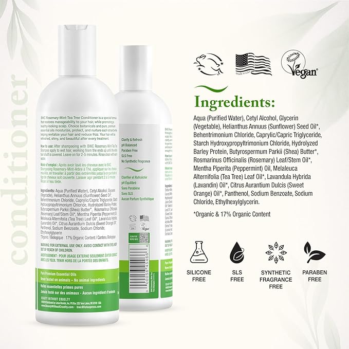 Beauty Without Cruelty Conditioner, Rosemary Mint Tea Tree – Aromatherapy Clarifying Hair & Scalp Treatment, SLS-Free, Vegan-Friendly & Cruelty-Free, 16 Oz