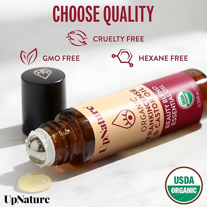 UpNature Beauty Castor Oil Roll On Eye Roller - 100% Organic Frankincense and Castor Oil for Face, Dark Circles, Fine Lines, Under Eyes and Skin