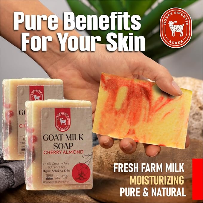 Honey Sweetie Acres 2-Pack of Cherry Almond Goat Milk Soap - Handmade 5 oz Bar, Made with Natural Ingredients, Moisturizing & Gentle, Made in the USA