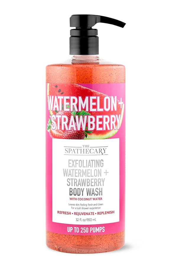 Exfoliating Body Wash – Watermelon & Strawberry with Coconut, Nourishing Body Scrub for Smooth Skin, Hydrating & Rejuvenating Shower Gel, For Women & Men, Cruelty-Free, 32 oz