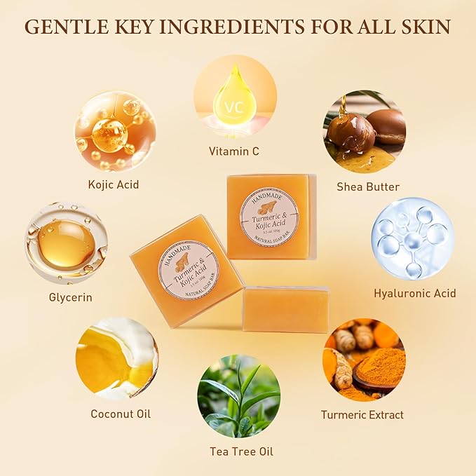 Kojic Acid Soap, Turmeric Soap Bar for Dark Spots, Brightening Face & Body Wash with Vitamin C, Tea Tree Oil & Shea Butter, Acne Scars, Hyperpigmentation & Even Skin Tone, 3 Pack