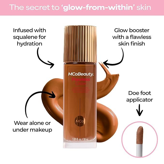 MCoBeauty Flawless Glow Luminous Skin Filter - 8 Espresso - 4-in-1 Primer, Highlighter & Foundation Booster - Dewy Illuminating Tint Face Makeup with Squalane Vitamin E - Vegan & Cruelty Free