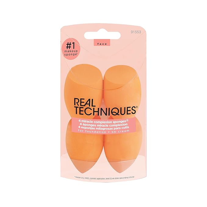 Real Techniques Miracle Complexion Sponge 4 Pack, Makeup Blending Sponges For Liquid & Cream Foundation & Skin Tints, Buildable Coverage, Natural, Dewy Base, Cruelty- Free, Latex-Free Foam