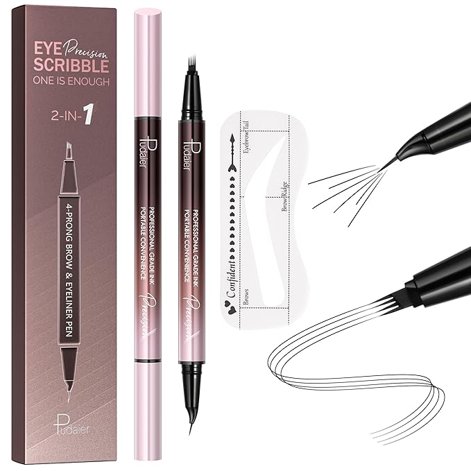 Waterproof Microblading Eyebrow Pen,2-in-1 Dual Ended Eyebrow Pen & 10 Eyebrow Stamp,4-Fork-Tip & Precise Brush-Tip for Natural Hair-Like Brows, Perfect Eyebrows Makeup. (Truffle)