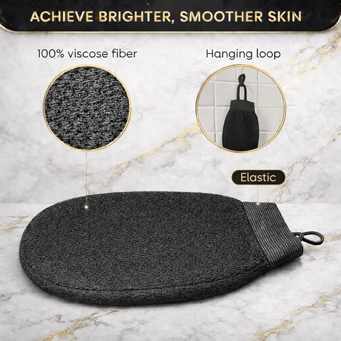 Exfoliating Glove for Dead Skin Removal Deep Scrub Mitt for Smooth Skin, Ingrown Hairs & Keratosis Pilaris Moroccan Bath Exfoliator 100% Biodegradable Viscose Material (Black)