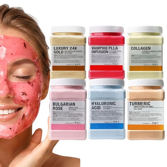 Jelly Mask for Facials Professional Set, Peel-Off Jelly Mask Powder Skincare Kit for All Skin Types, 6 Jars 24K Gold Vampire Collagen Rose Hyaluronic Turmeric, Spa Use