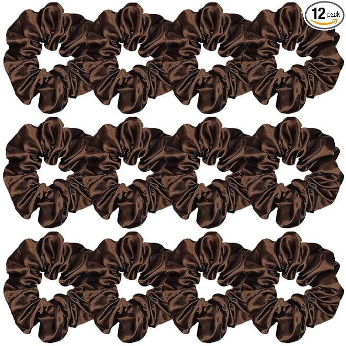 Sufermoe 12 Pcs Satin Silk Hair Scrunchies, 4.5 Inch Dark Brown Soft Hair Ties for Women and Girls, Hair Accessories for Different Hairstyles and Occasions