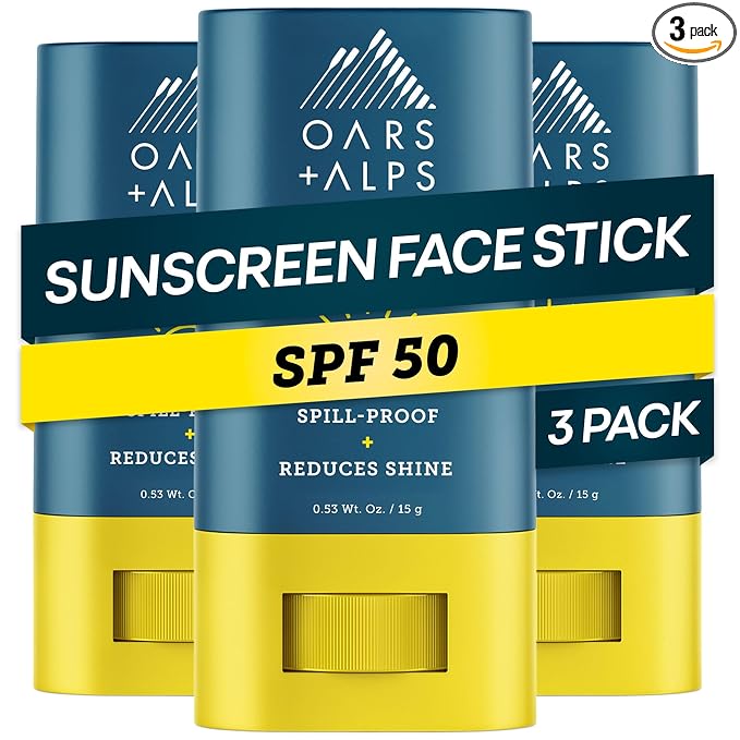 Oars + Alps Matte Face Sunscreen Stick, SPF 50 Travel Sunscreen Roll On for Face, Fragrance Free, Water & Sweat Resistant Sunblock, All Skin Types, Dermatologist Tested, Moisturizing, 0.53oz, 3pk