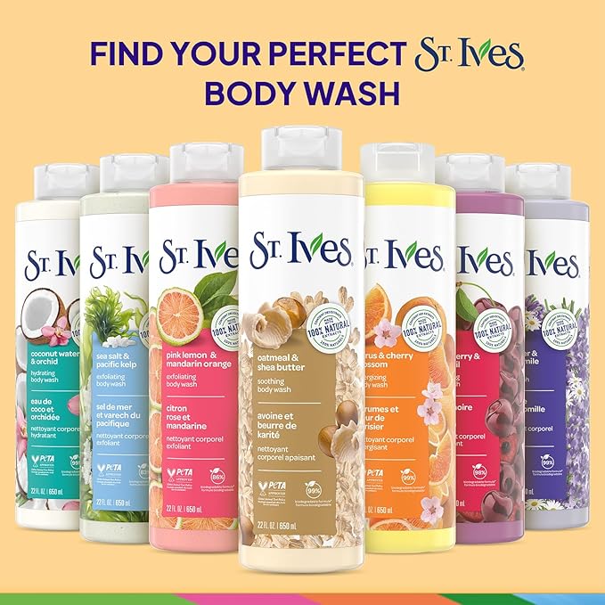 St. Ives Body Wash Variety 2-Pack, Soothing Oatmeal & Shea Butter + Exfoliating Sea Salt & Pacific Kelp, 100% Natural Extracts, Cruelty-Free, 22 Oz Ea