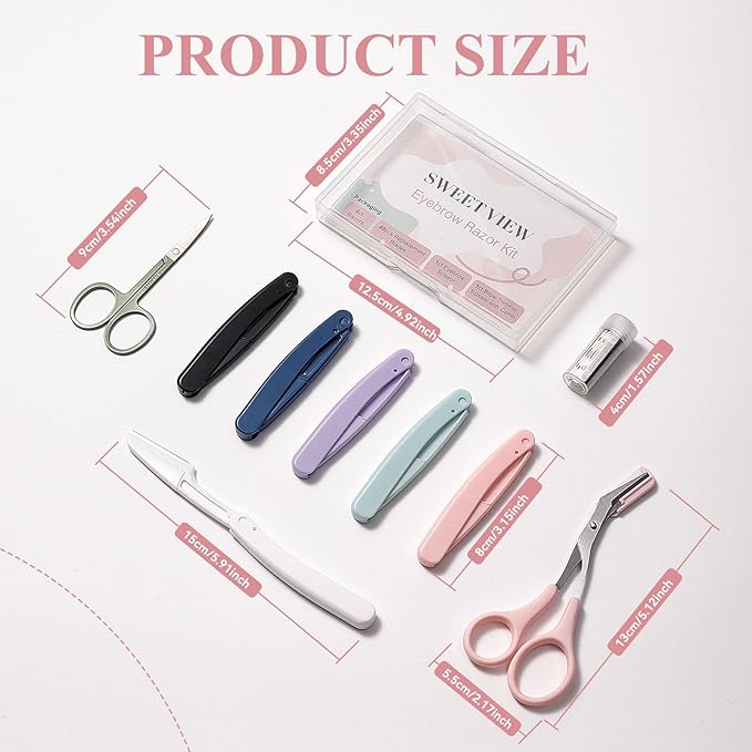 SWEET VIEW 48pcs Dermaplan Razor Kit for Women Face and Eyebrow with Brow Scissor, Facial Microblades Shaver Tool