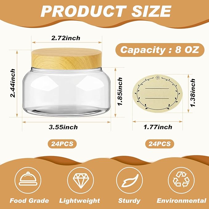 Tessco for you 24 Pack Plastic Jars with Lids Labels Multiuse Slime Containers Empty Body Scrub Jars Round Refillable Cosmetic Body Butter Container for Makeup (8 oz,Clear,Light Beech)