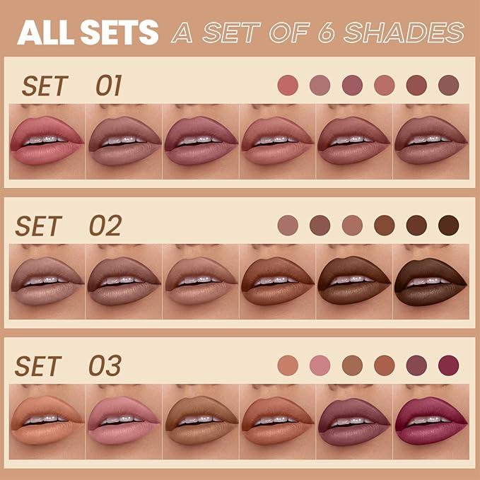 Pudaier Matte Lip Liner Set for Women, Long-Lasting Lip Makeup, Smooth LipLiner Kit with 6 Colors Lipliner & Sharpener, Waterproof Lip Liner Pencil for Defining & Filling Lips, Nude-Brown