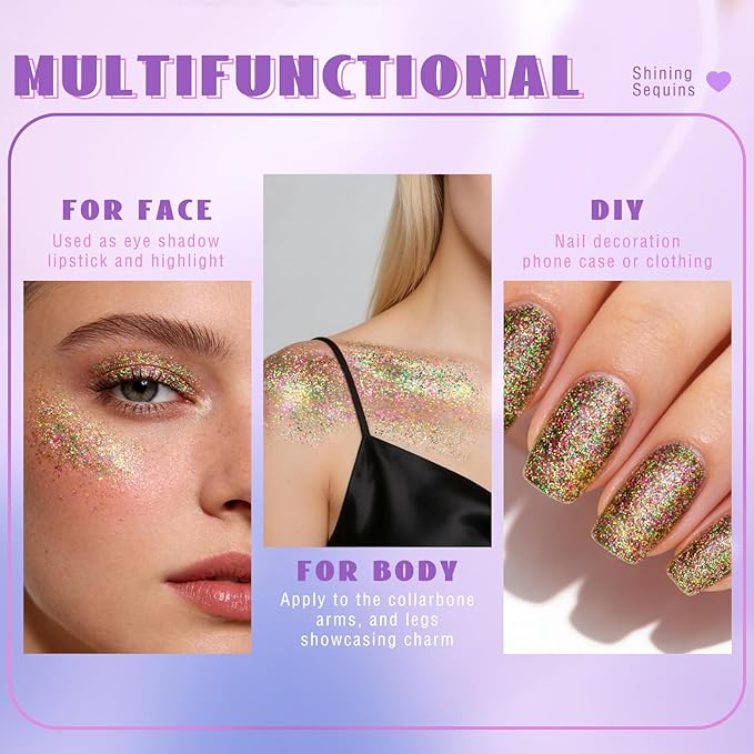 HOSAILY Roll-on Gold Green Purple Body Glitter Gel for Face Hair, Mardi Gras Face Paint Glitter Mermaid Makeup, Sparkling Chunky Sequins Festival Carnival St Patricks Day Party Rave Accessories