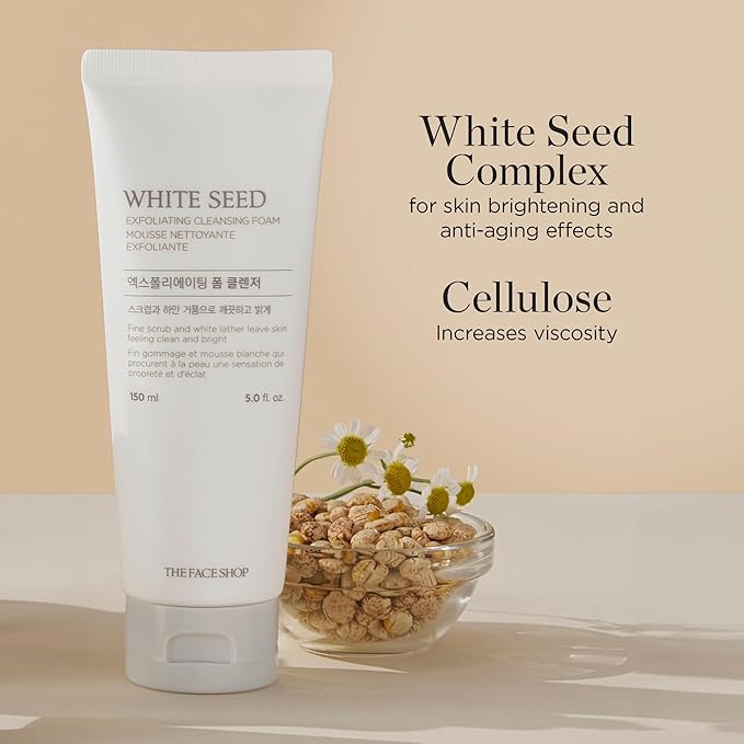 The Face Shop White Seed Exfoliating Cleansing Foam | Face Wash, Deep Clean, Complexion Brightening, Dead Skin Removal | Skin Texture & Clarity Improvement, Dullness Reducing, 5.07 Fl Oz