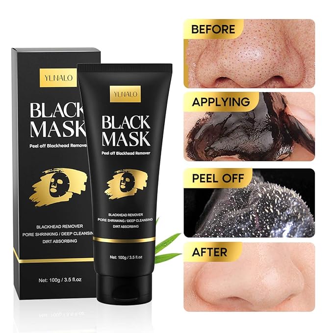 YLNALO Blackhead Remover Mask Kit, Charcoal Peel Off Facial Mask with Brush and Pimple Extractors, Deep Cleansing for Face Nose Blackhead Pores Acne, For All Skin Types (3.5 Fl.oz)