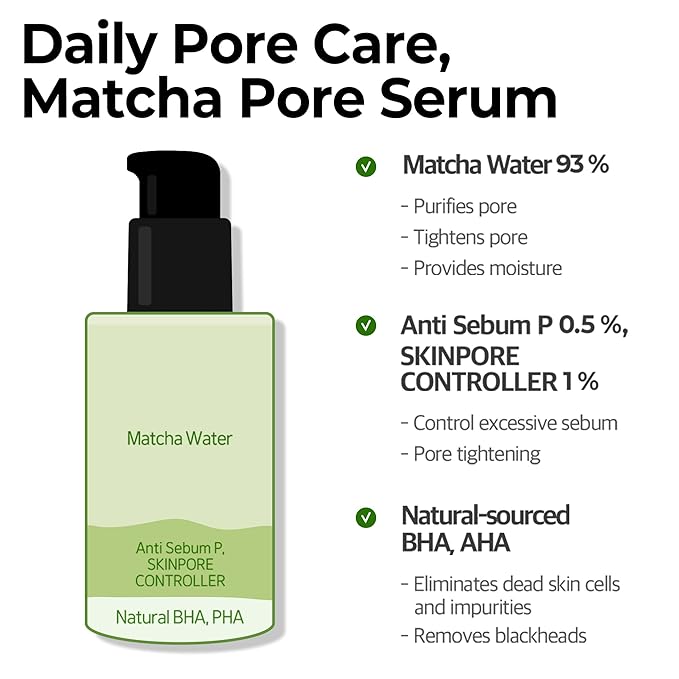 SOME BY MI Super Matcha Pore Tightening Serum - 1.69Oz, 50ml - Made from Match Water for Sensitive Skin - Skin Moisturizing and Purifying Effect - Blackheads, Sebum and Pore Care - Korean Skin Care