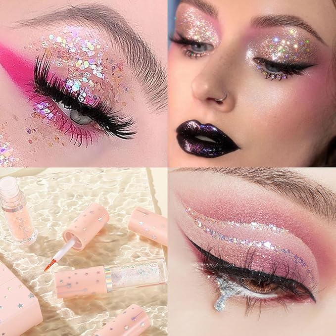 6Pcs Liquid Glitter Eyeshadow Eyeliner, Korean Makeup Glitter Shinning Eye Liner Long Lasting Quick Drying Pigmented Loose Bling Under Eye Shadow Mother's Day Makeup Gifts for Women