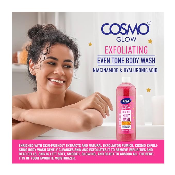 Cosmo Glow Skin Perfector Even Tone Exfoliating Body Wash 1000ml/33.8fl.oz, Made With Niacinamide & Hyaluronic Acid, Skin Care, Moisturizer, Brighten, Hydrate, Smooth, Shower Gel, Body Scrub