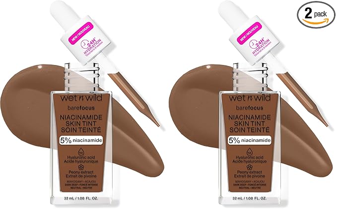 wet n wild Bare Focus Skin Tint, 5% Niacinamide Enriched, Buildable Sheer Lightweight Coverage, Natural Radiant Finish, Hyaluronic & Vitamin Hydration Boost, Cruelty-Free & Vegan-Mahogany (Pack of 2)