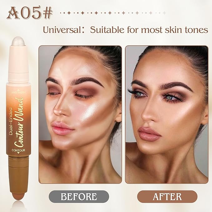 2Pcs Contour Highlighter Stick，2-in-1 Dual-Ended Cream Bronzer & Highlighter Sticks Pen for Face Body Contouring Makeup- Buildable，Waterproof, Easy to Apply Suitable for Beginners(01+05)
