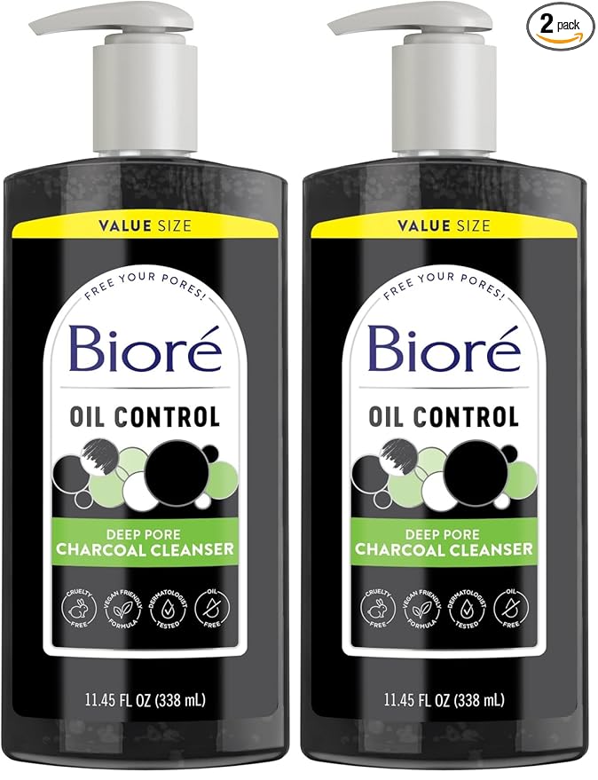 Biore Deep Pore Charcoal Face Wash, Daily Facial Cleanser for Dirt & Makeup Removal, for Oily Skin, 11.45 fl oz, Value Size (Pack of 2)