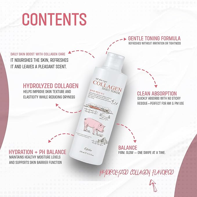 Esfolio Collagen Daily Toner – Hydrating & Firming Facial Toner with Hydrolyzed Collagen, Moisturizing & Soothing Skincare for All Skin Types, Anti-Aging & pH Balancing Korean Beauty (9.12OZ/270ML)