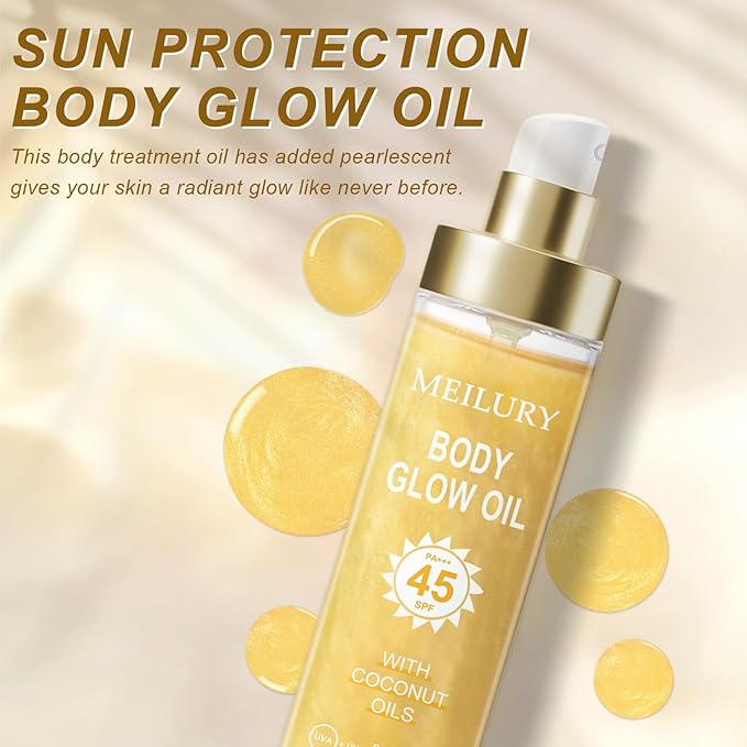Body Glow Oil, SPF 45 Broad Spectrum, Sunscreen Body Oil with Rose Gold Mica, Moisturizing Coconut, Glow Moisturizer, Lightweight, Water Resistant, 3.72 fl oz(#1 GOLD)