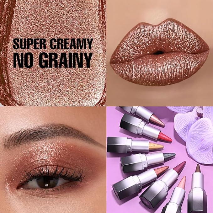 evpct Copper Shimmery Metallic Lip Liner and Lipstick Combo, Cone Tip Lip Crayon for Women Long Lasting Waterproof, Metal Shinny Hydrating Lipstick Makeup, Glitter Lips Liner Pencil for Shimmery Shade