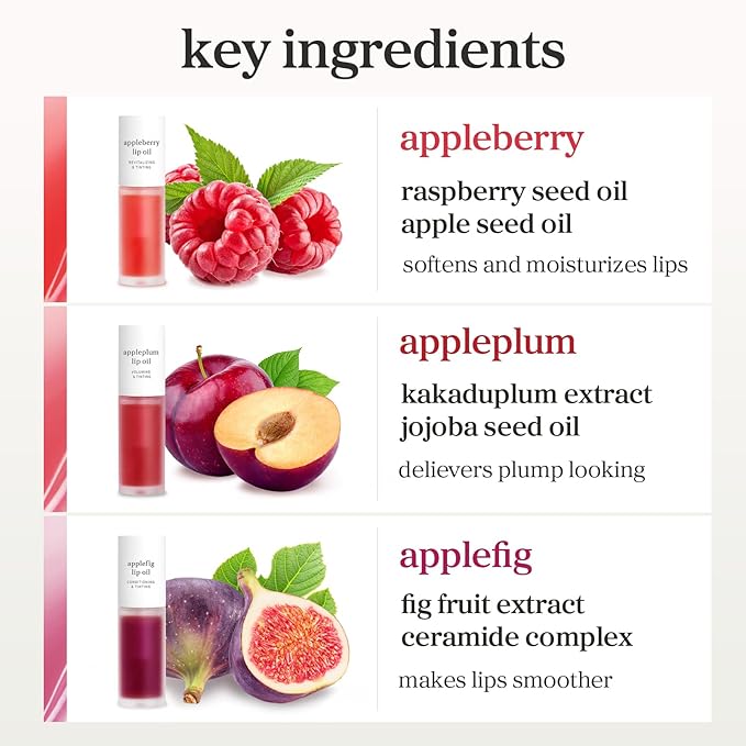 NOONI Korean Lip Oil Set - Appleberry, Appleplum & Applefig - Long-Lasting, Moisturizing, Revitalizing - Waterproof, No Peel Off, Stocking Stuffers (3EA, 0.12 fl oz)