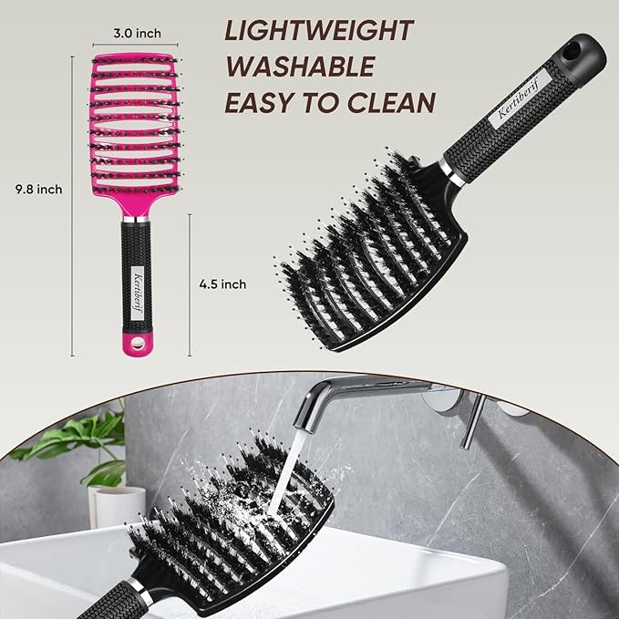 Boar Bristle Hair Brush 2PCS, Curved Vented Detangling Brush for Wet and Dry Hair, Styling Paddle Hairbrush for Women Men Kids Curly Straight Thick Long or Short Hair