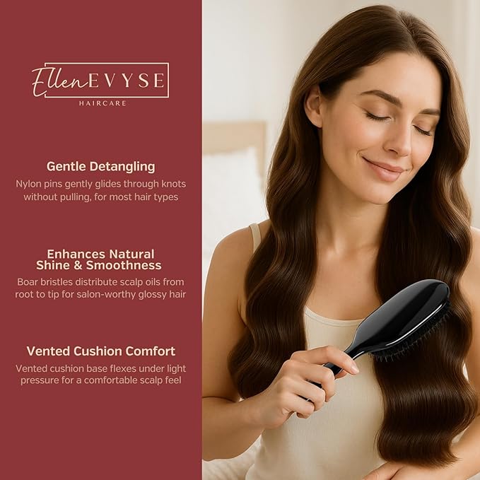 Boar Bristle Hair Brush, Nylon Pins and Soft Boar Bristles for Smoothing, Detangling, Reducing Breakage and Enhancing Shine, Hairbrush for Women,Men
