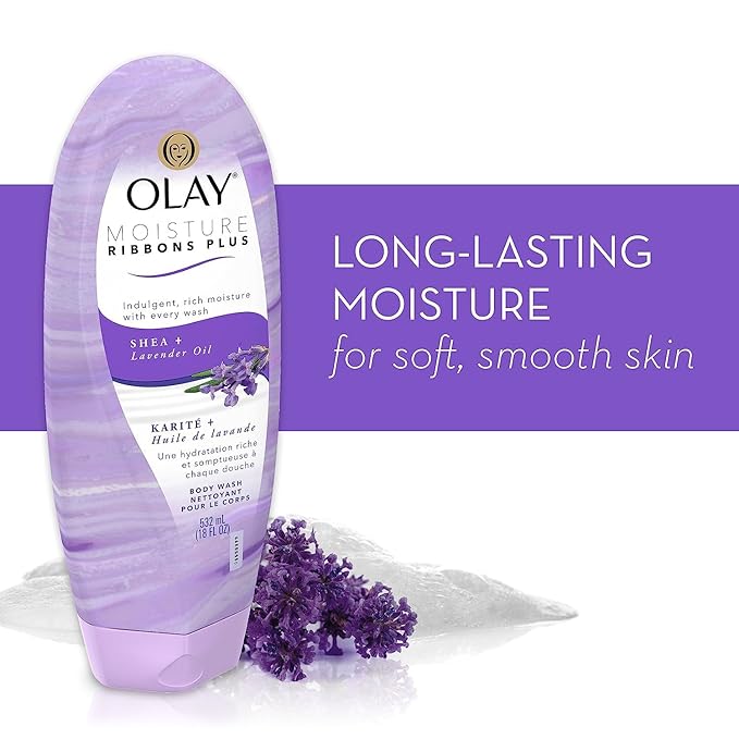 Olay Body Wash for Women, Moisture Ribbons Plus, Deep Conditioning & Moisturizing Formula, Long Lasting Smooth Soft Skin, For All Skin Types, Shea Butter & Lavender Oil Scent, 18 fl oz