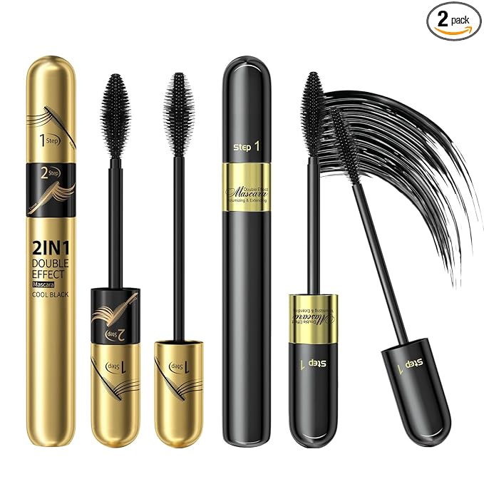 2pcs 2-in-1 4D Double Effect Fiber Mascara: Curling and Intensifying, Daily Waterproof, 5x Longer, Voluminous & Smudge-Proof, No Flaking and No Clumping, Black and Golden Tube Set