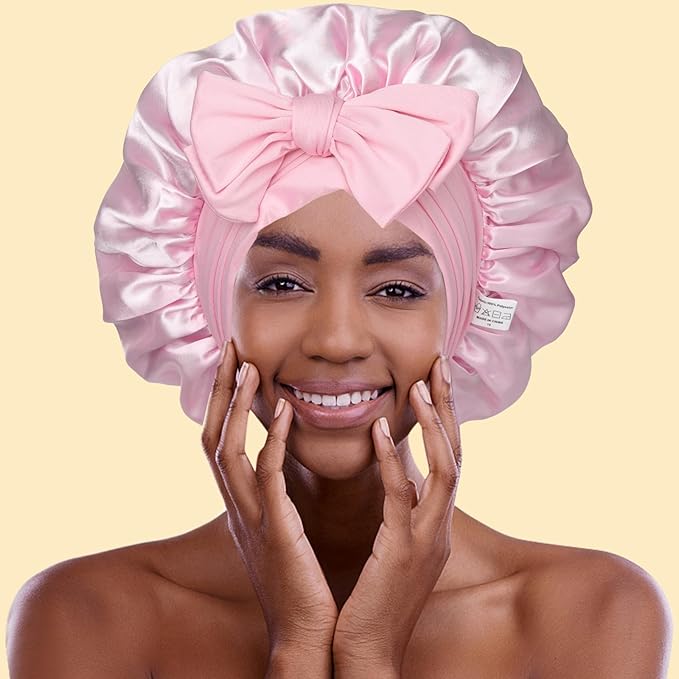 AWAYTR Satin Bonnet for Women Tie Band Hair Bonnet Large 2 Layered Silk Sleeping Cap Nightcap with 3PCS Hair Scrunchies (US, Alpha, One Size, Leoprad Print(Pink))
