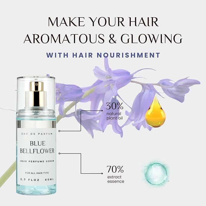 Hair Perfume for Women, Summer Lightweight Long Lasting Fragrance Mist - 3:7 Hydrating Serum Alcohol Free Formula, Argan Oil Scented Hair Spray with Keratin & Elastin (Blue Bellflower) 2.7 fl oz