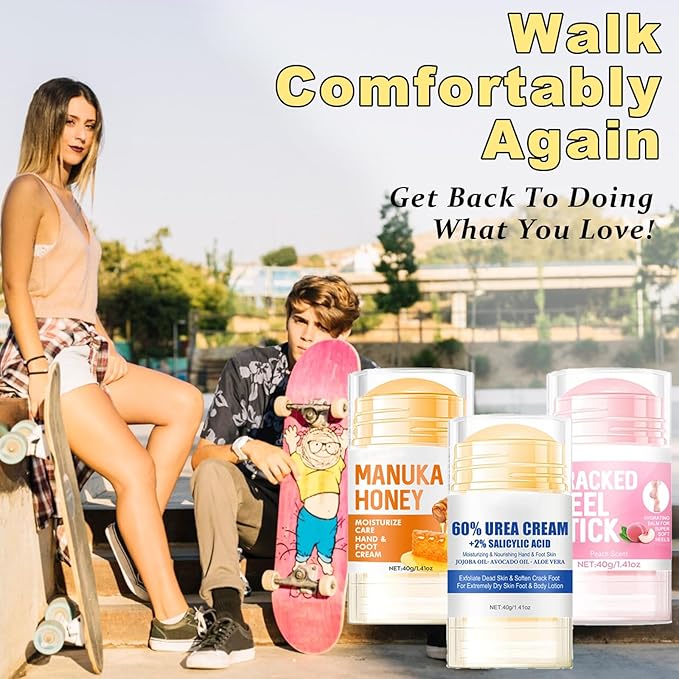 Charunee 3Pcs Cracked Heel Stick,Anti Crack Foot Cream Stick Heel Balm for Dry Cracked Feet Foot Care Cream Roll On Suitable for Women Men(Peach& Honey&Avocado)