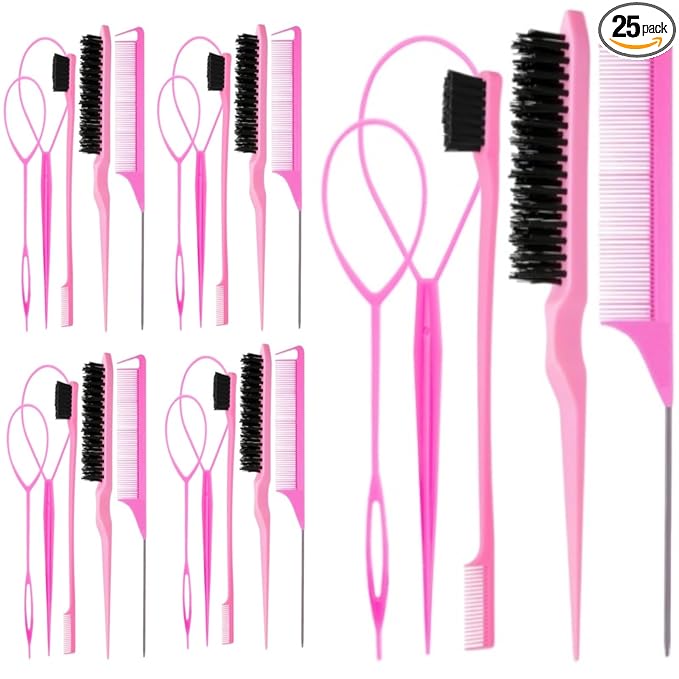 25Pcs Hair Styling Combs Set Include 10 Pcs Topsy Hair Tail Tools 5pcs Rat Tail Comb,5 Bristle Teasing Slick Back hair Brush,5 Edge Control Brush,Eyebrow Brush for Woman Girl Pink