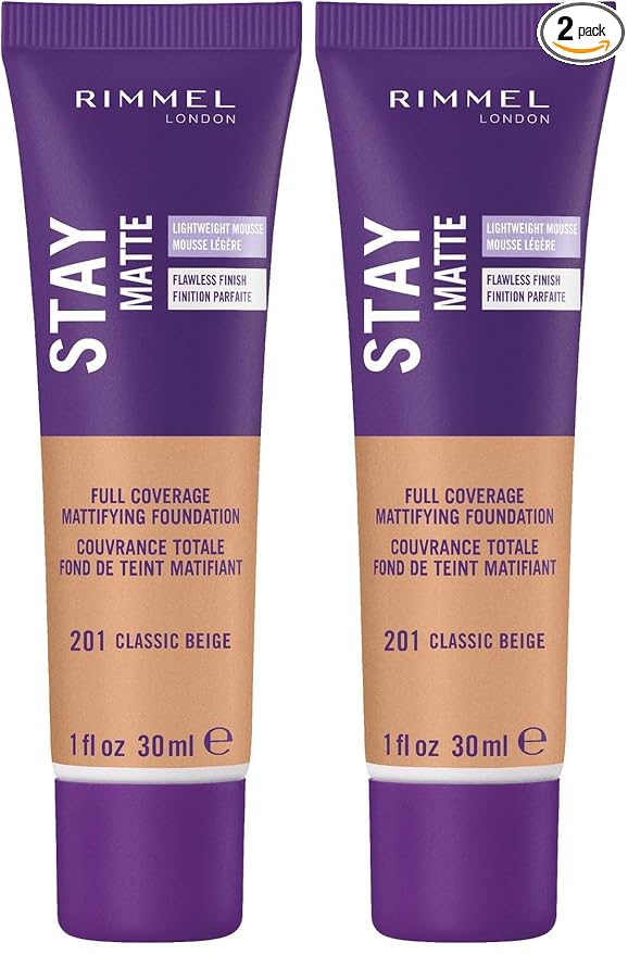 Rimmel London Stay Matte Liquid Mousse - 201 Classic Beige - Foundation,Lightweight,Shine Control,Oil-Free,1oz,(Pack of 2)