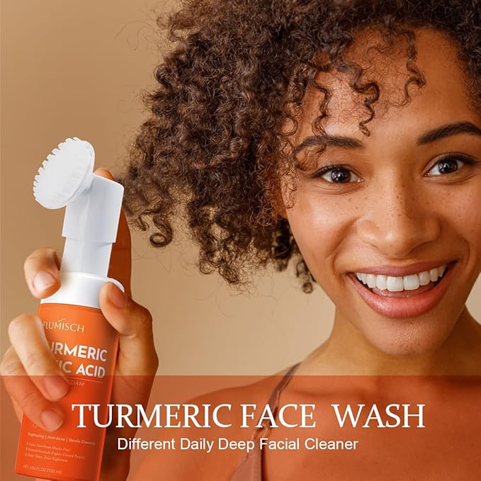 FluMisch Turmeric Kojic Acid Facial Cleanser, Brightening Foaming Face Wash with Soft Massage Heads, Kojic Acid Cleanser Exfoliating, Turmeric Cleansing for Dark Spots 4.23 oz