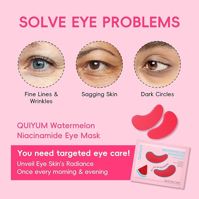 QUIYUM Watermelon Niacinamide Lip & Eye Mask Set - Hydrating Collagen Lip Masks + Eye Pads, Nourishing Skincare for Lips & Eyes (12 Packs)