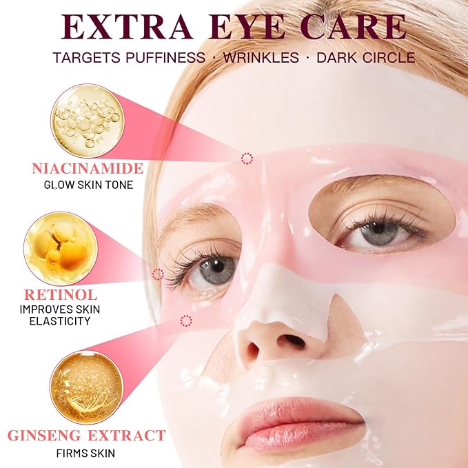2-in-1 Collagen Face Mask with Integrated Eye Patches, Anti-Aging Overnight Hydrogel Mask for Glass Skin Glow, Red Ginseng & Peptides for Firming & Hydration, 4 Sheets (Pink)