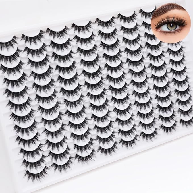 Azenlo False Eyelashes 48 Pairs Faux Mink Lashes 12-16mm Wispy Lashes 3D Fluffy Cat Eye Lashes Pack Bulk Wholesale Strip Lashes(style 48-035)