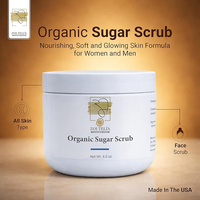 Zoi Telia Organic Sugar Body Scrub with Shea Butter, Olive, Jojoba & Sunflower Oil for Dry, Dull & Sensitive Skin - Nourishing, Soft and Glowing Skin Formula for Women and Men - 4 Oz - Pack of 1
