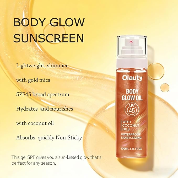 Body Glow Sunscreen Oil SPF 45, Shimmer Body Oil with Coconut Oils, Moisturizing Wateproof Glowing Oil for Body & Face, Lightweight, Glowy Finish,with Rose Gold Mica (Bronze Amber)