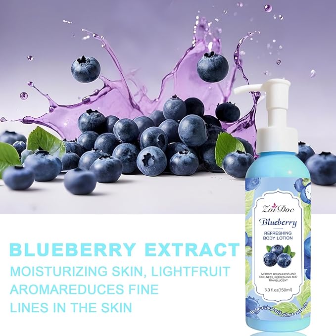 Body Lotion, 24hr Moisturizing & Deep Hydration, Absorbs Instantly Moisturizer for All Skin Types, 5.3 fl oz (1 Pack, Blueberry)