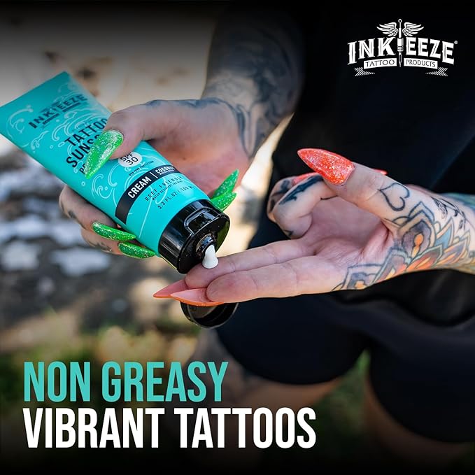 Ink-Eeze Tattoo Sunscreen Ink Shield Mineral, SPF 30, Dries Clear, Reef Safe, Vegan, Made in USA, Vanilla, Tube 3.3 ounces