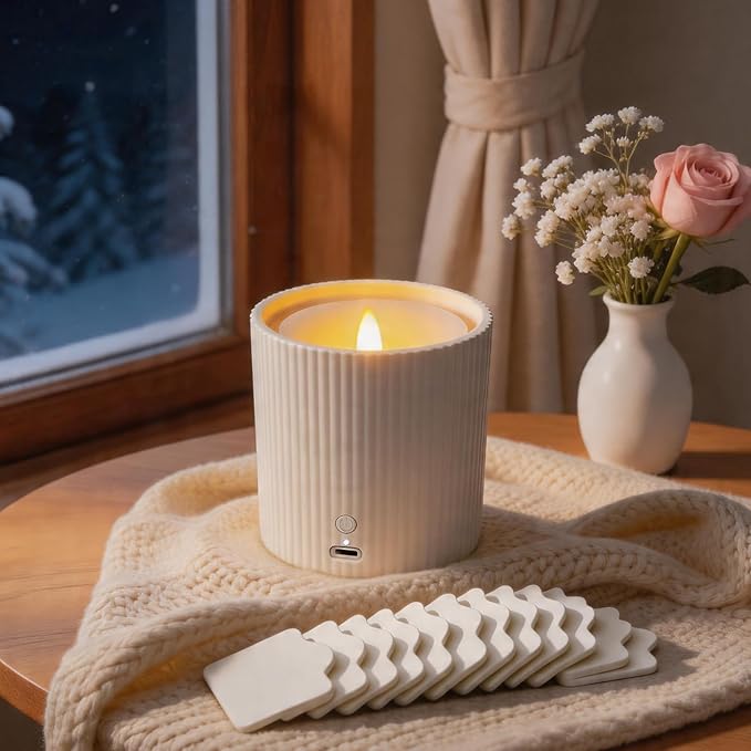 2 in 1 Waterless Essential Oil Diffuser and 3D Wick and Realistic Flame Candle,Flameless Candle Diffuser,USB Power Supply LED Candle Waterless Diffuser 12PCS Cotton Pads(No Rechargeable Battery)