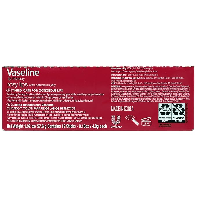 Vaseline Lip Rosy, Fast-Acting Nourishment, Ideal for Chapped, Dry, Cracked, or Damaged Lips, Lip Balm,12 Sticks, 1 Box (Pack of 6)