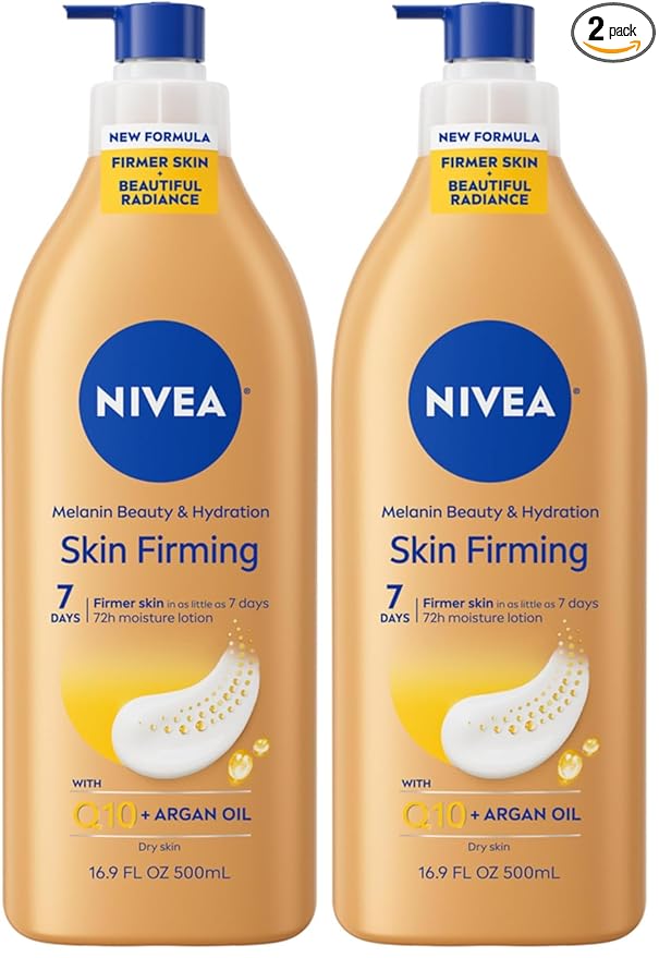 NIVEA Skin Firming Melanin Beauty & Hydration Body Lotion with Q10 and Argan Oil,Firmer Skin in as Little As Seven Days,16.9 Fl Oz Pump Bottle,(Pack of 2)