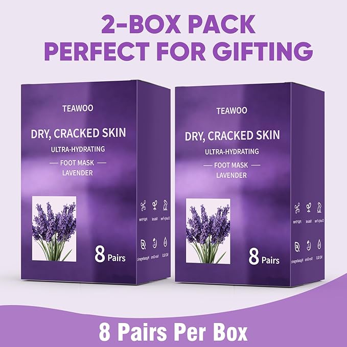 TEAWOO 16 Pairs Moisturizing Foot Masks with Lavender Oil & Jojoba Oil, Intensely Hydrating Foot Mask for Dry Cracked Feet, Moisturizing Socks for Cracked Heel Treatment